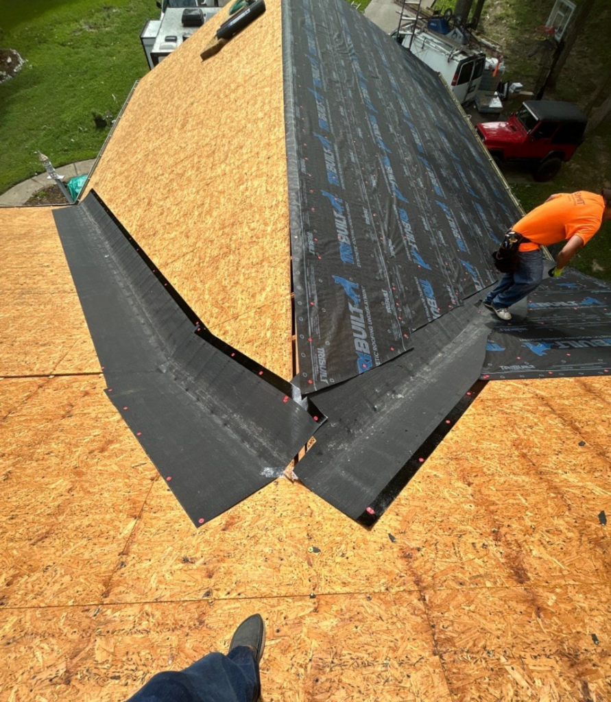 Roof decking and waterproof underlayment being installed as part of new roofing in Bessemer City, NC.